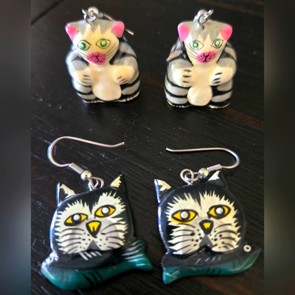 2 Sets of Vintage 90's Hand-Painted Cat Dangle Earrings